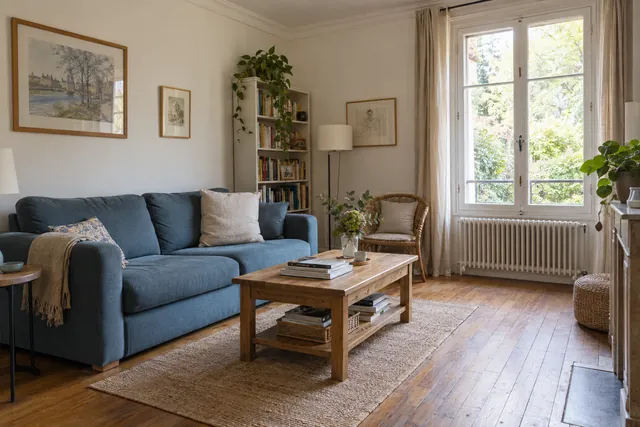 Salon avec canapé bleu, parquet et lumière naturelle, intérieur fictif illustrant une estimation immobilière.