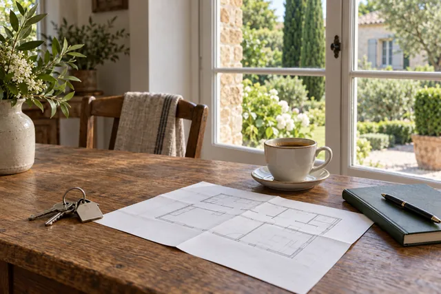 Clés, plan plié et carnet sur une table devant un jardin, illustration des questions avant un projet immobilier.