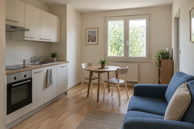 Appartement avec cuisine compacte et canapé bleu, intérieur fictif illustrant la gestion locative.