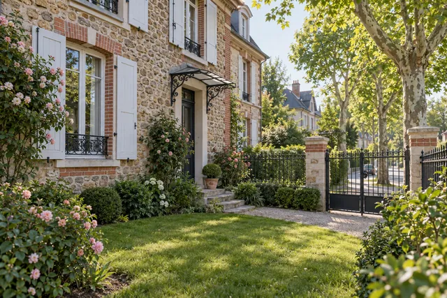 Maison de meulière fictive avec jardin de devant et grille en fer forgé, illustration d’un projet à Gournay-sur-Marne.