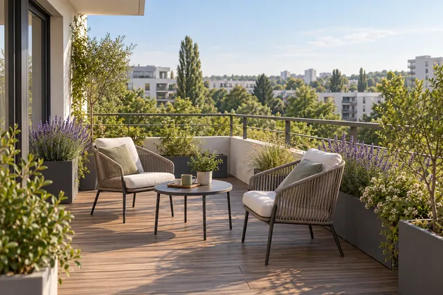 Terrasse plantée fictive d’un appartement récent avec vue sur les arbres, illustration d’un projet à Noisy-le-Grand.