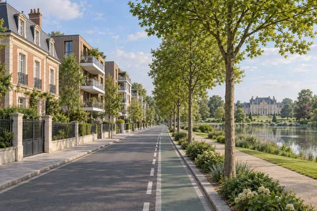 Avenue arborée fictive entre maisons anciennes et petits immeubles récents, parc en fond, illustration de Champs-sur-Marne.