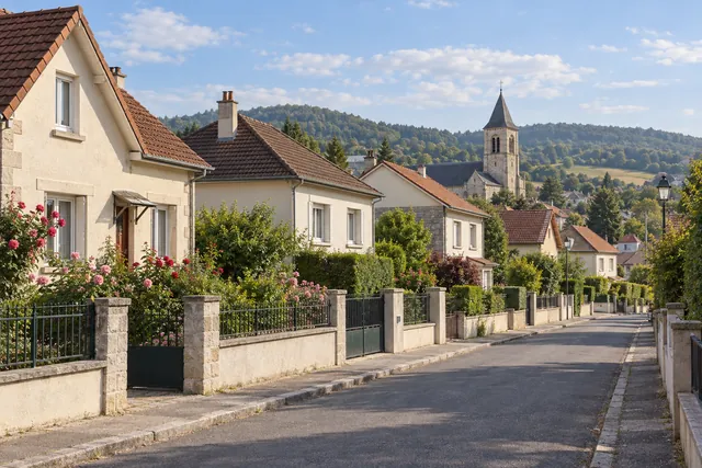 Rue pavillonnaire fictive avec clocher et coteaux boisés, illustration de Chelles.