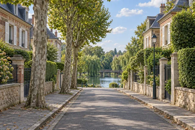 Rue résidentielle fictive au bord de la Marne, maisons de meulière et platanes, illustration de Gournay-sur-Marne.