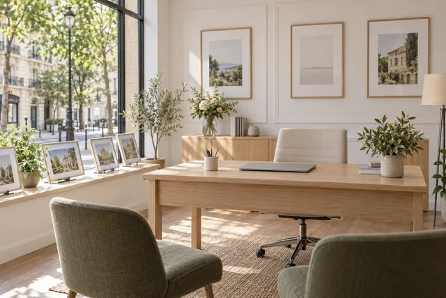 Intérieur fictif d’une petite agence immobilière, bureau en bois clair et fenêtre sur une rue arborée.