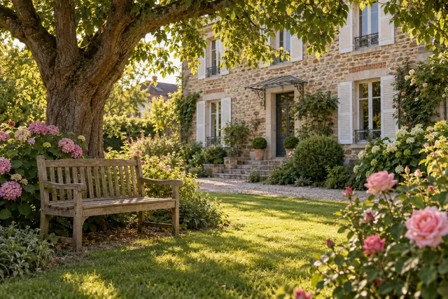 Maison de meulière fictive vue du jardin, banc sous un arbre et rosiers, illustration d’une vente en viager.